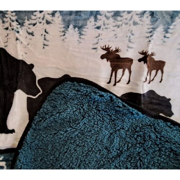New Teal Lodge Plush Fleece Throw Gift Blanket Sherpa Rustic Cabin Moose Bear - Picture 4 of 5